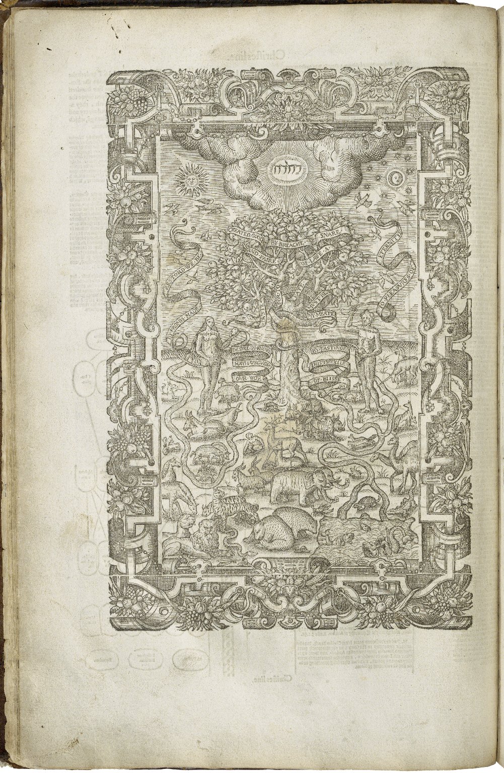 Woodcut of Adam and Eve in the garden of Eden