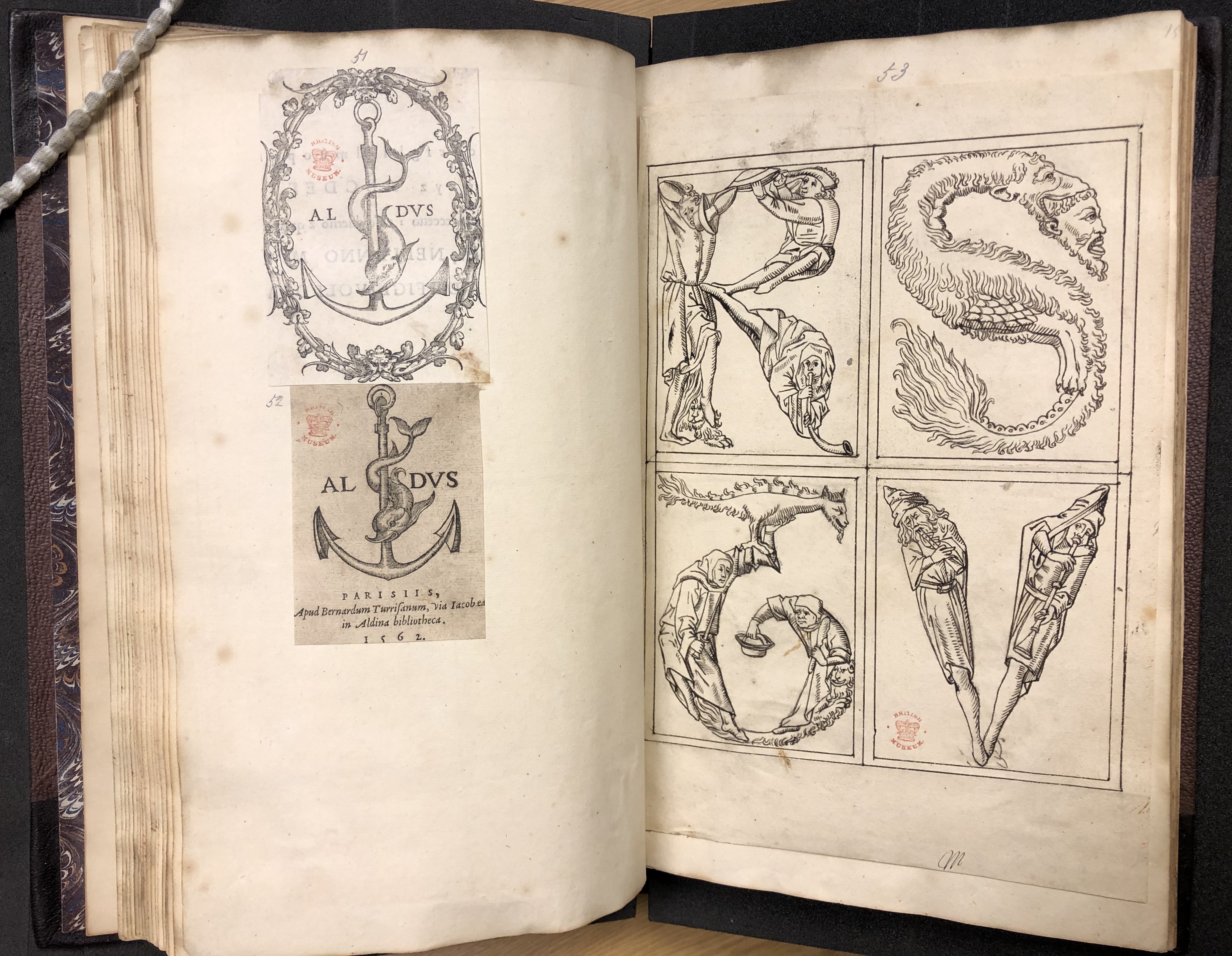 Photograph of Aldine devices pasted in one of John Bagford's albums of scraps