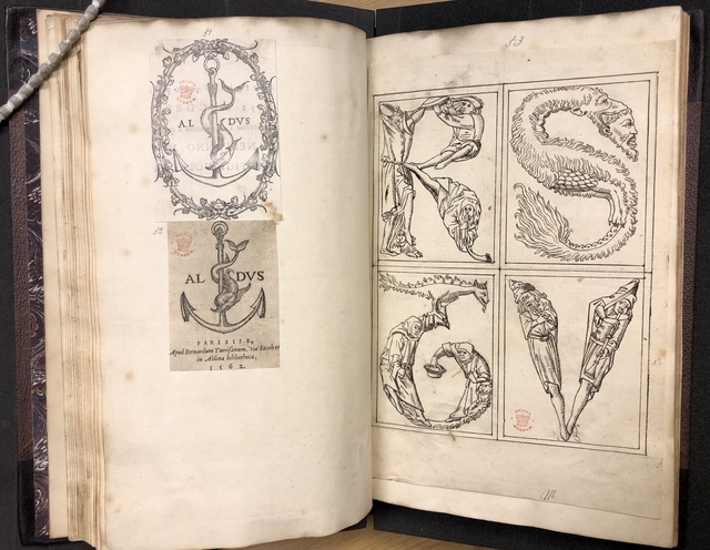 Photograph of Aldine devices pasted in one of John Bagford's albums of scraps