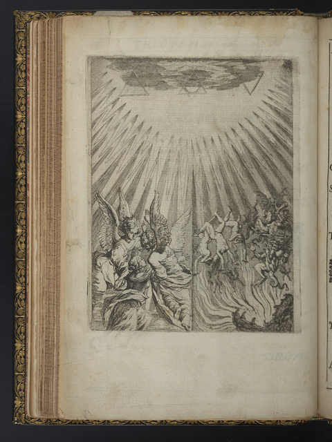 Photograph of etching for Canto 8, showing Theophila ascending to heaven with the help of two angels.