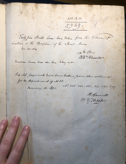 Photograph of the flyleaf in one of John Bagford's assembled albums of scraps showing layered shelfmarks