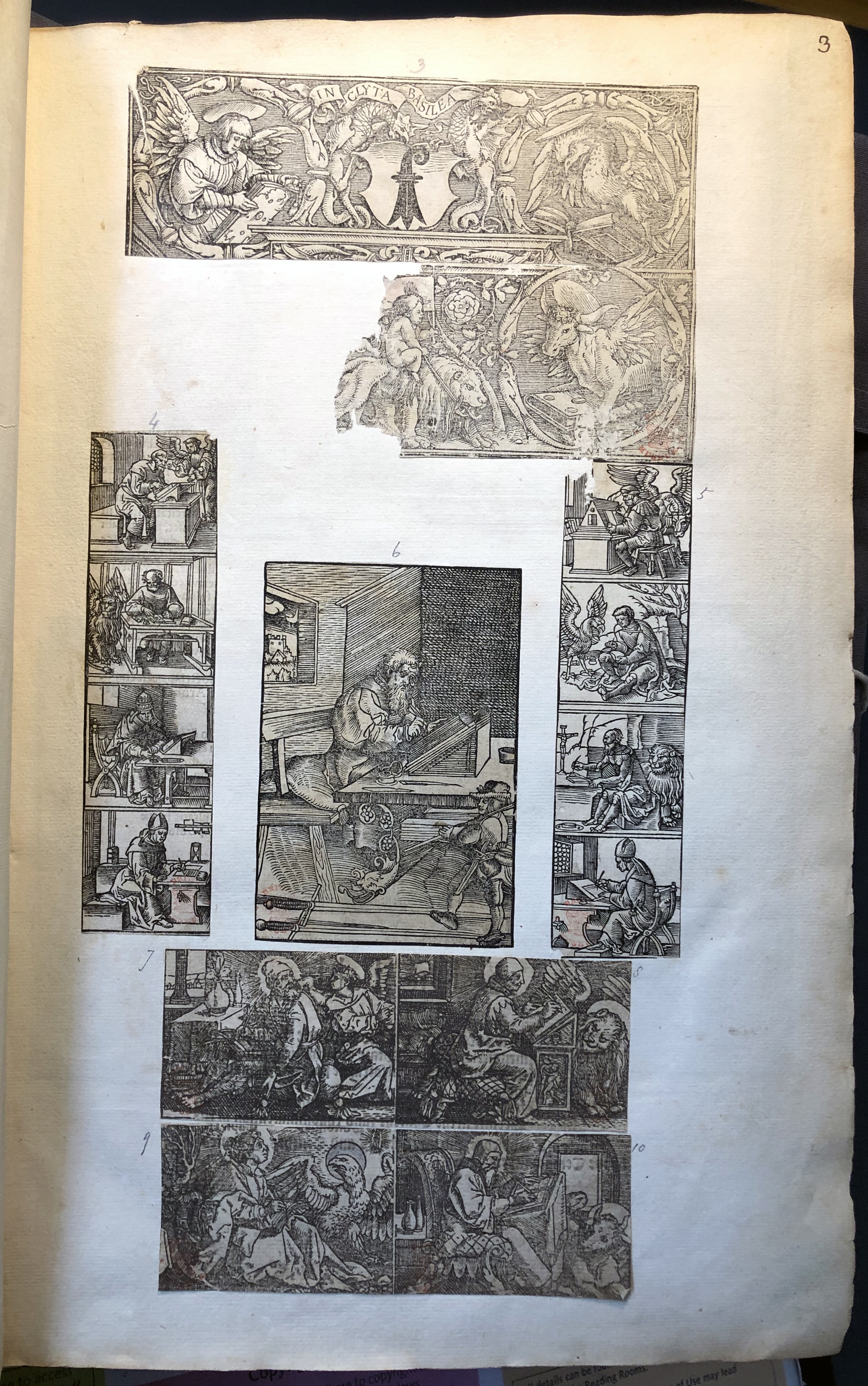 Photograph of images of the evangelists pasted into an album assembled by John Bagford