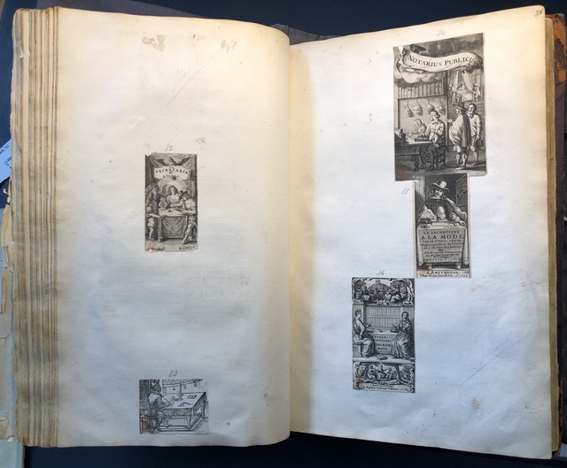 Photograph of images of secretaries pasted into an album assembled by John Bagford