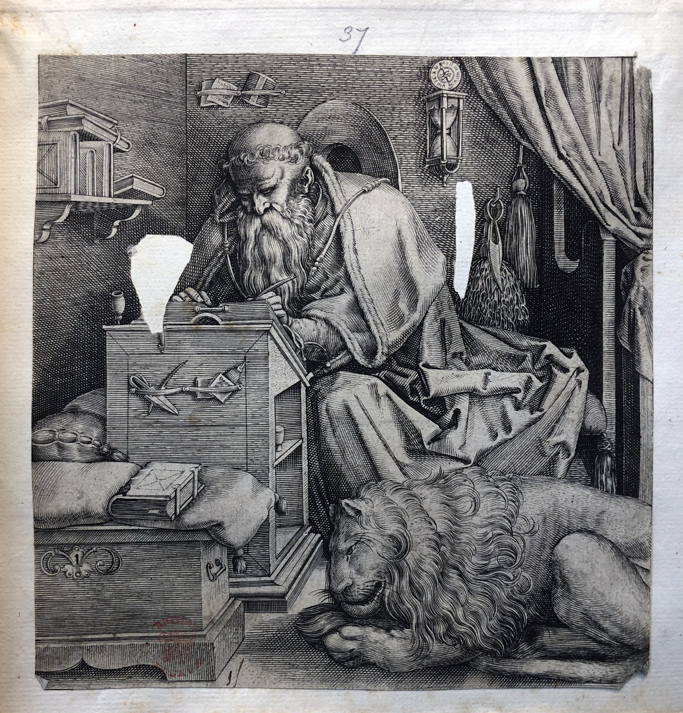 Photograph of an image of St. Jerome pasted into an album assembled by John Bagford