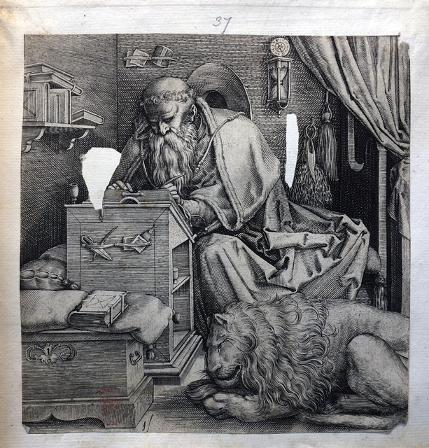 Photograph of an image of St. Jerome pasted into an album assembled by John Bagford