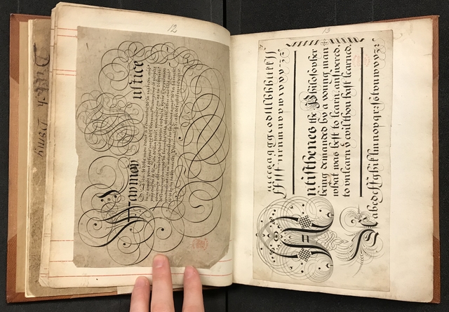 Photograph of calligraphy specimens pasted into a large volume of specimens