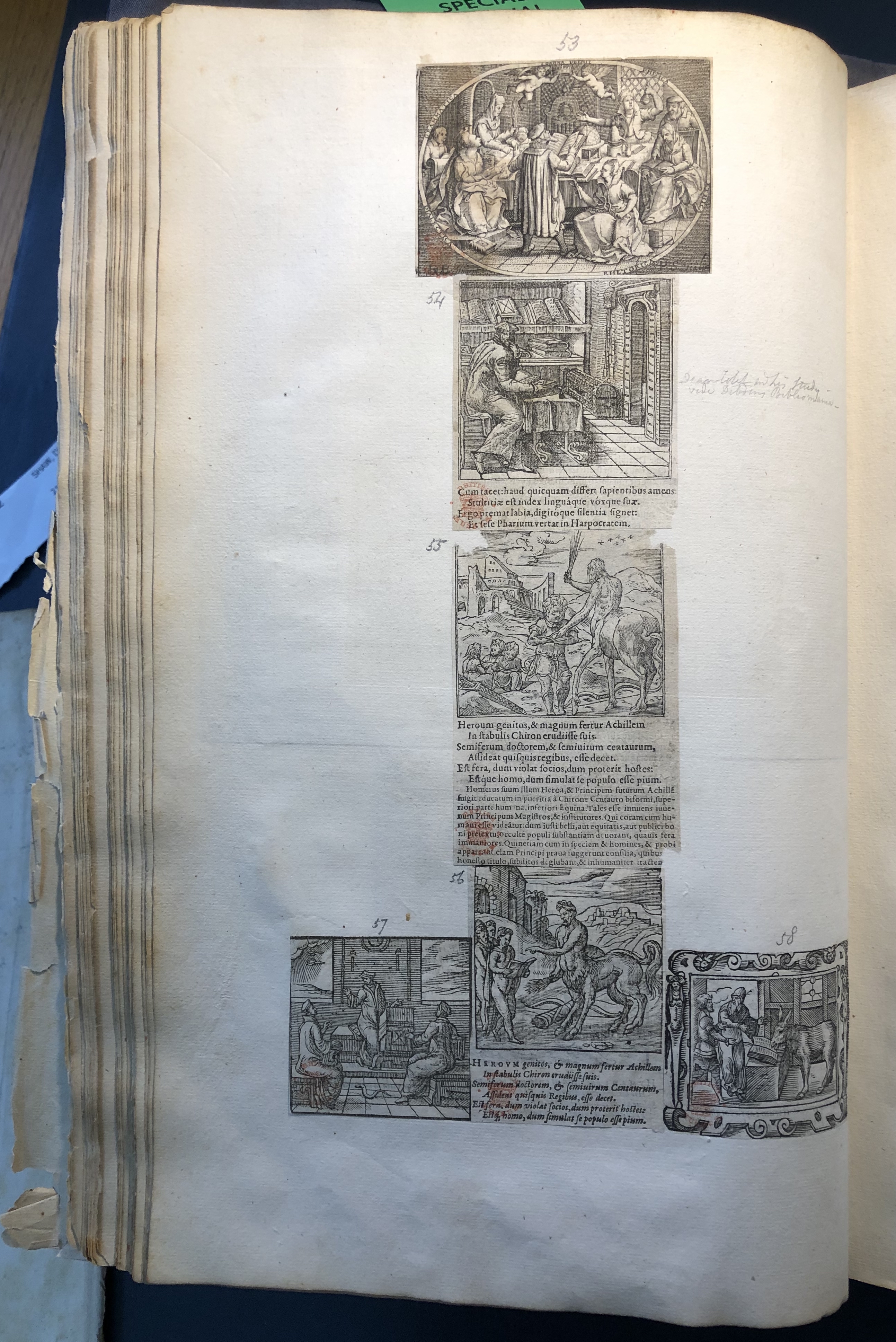 Photograph of scenes of learning pasted into an album assembled by John Bagford