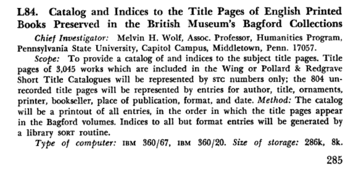Screenshot of a notice of Melvin Wolf's electronic project in *Computers and Humanities*