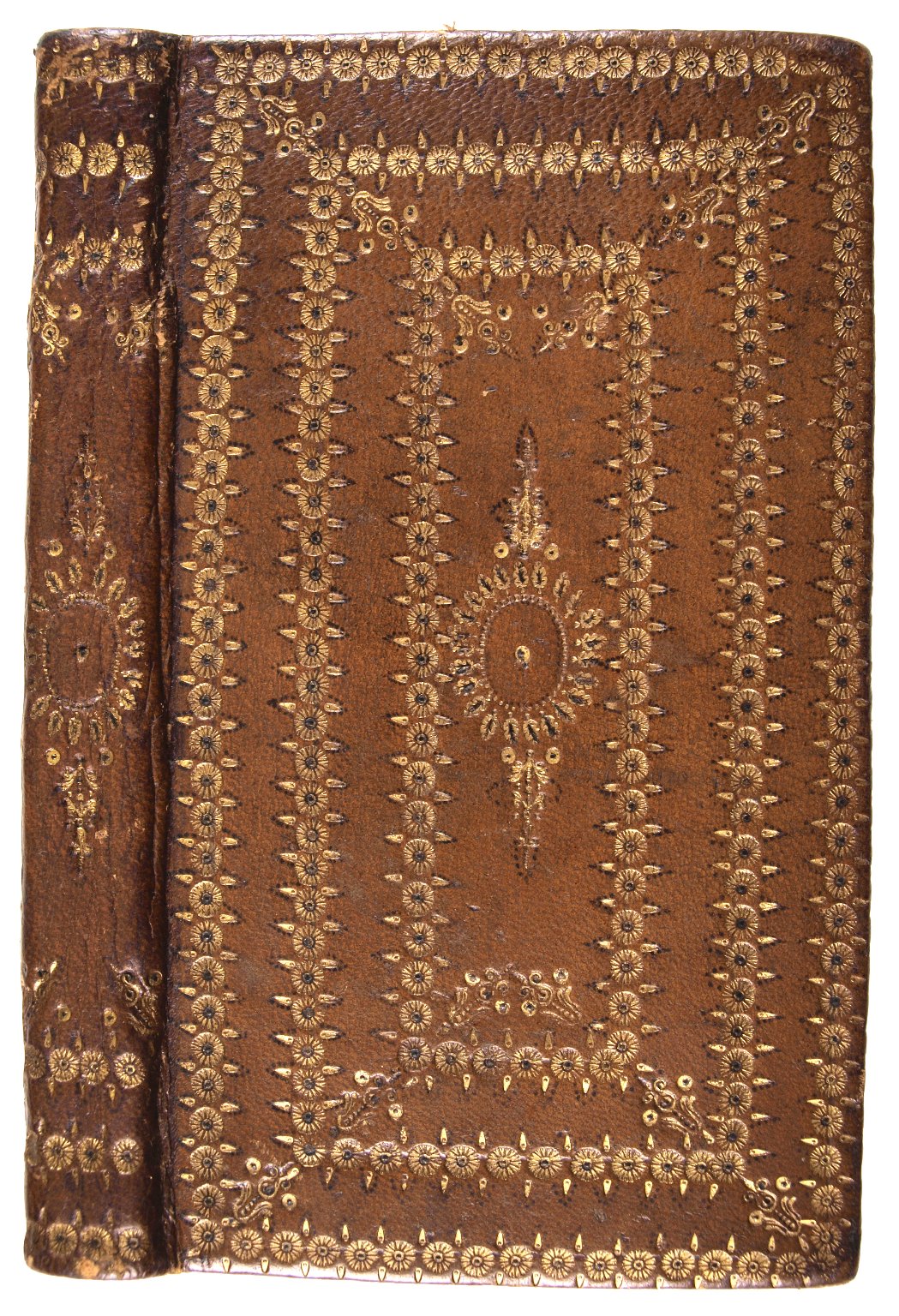 Photograph of the front and spine of a goatskin binding stenciled in ink and stamped with gold designs.