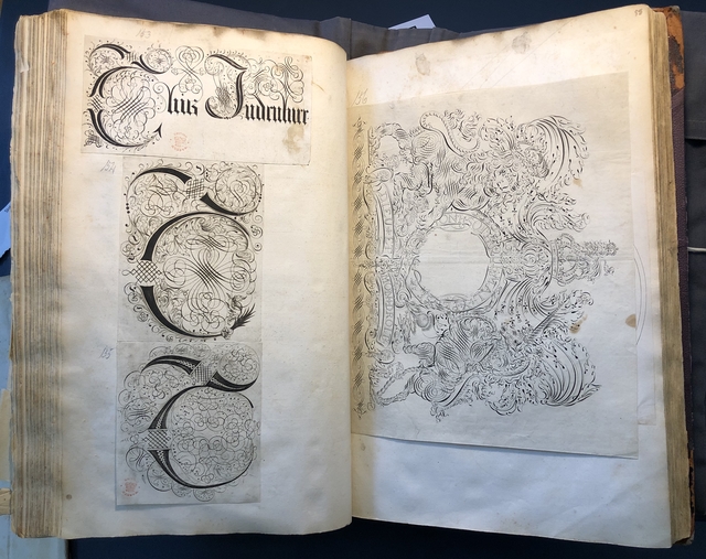 Photograph of calligraphic designs pasted into an album assembled by John Bagford