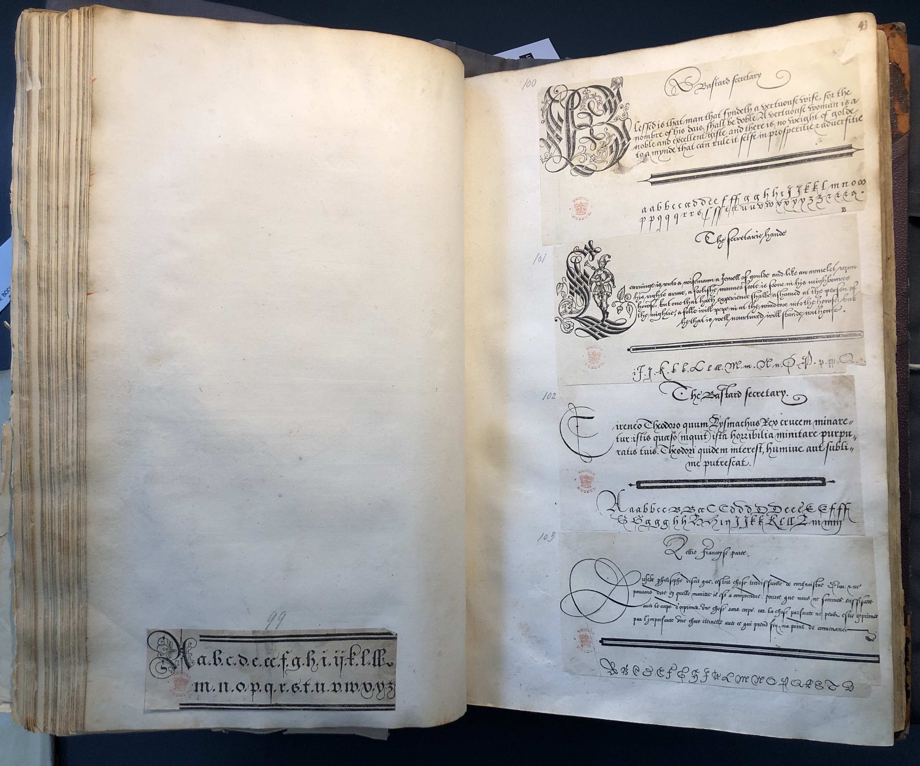 Photograph of specimens of different hands pasted into an album assembled by John Bagford