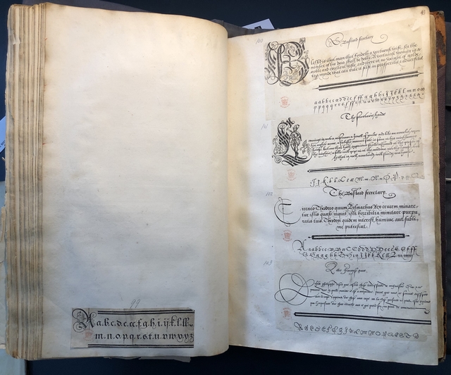 Photograph of specimens of different hands pasted into an album assembled by John Bagford