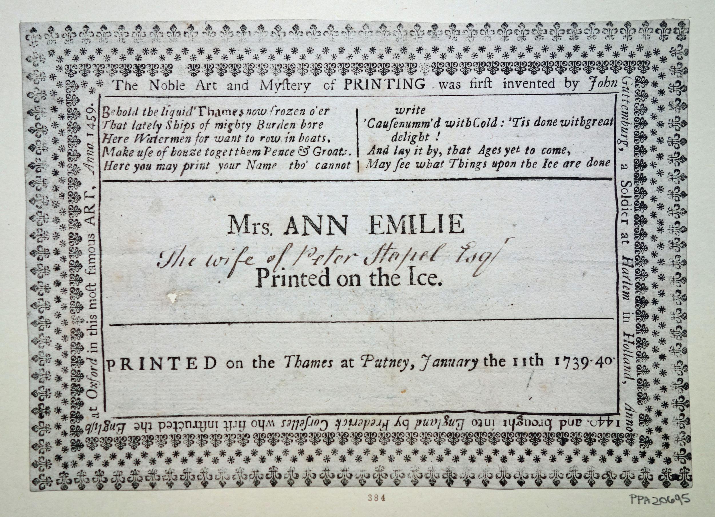 Image of a leaflet from the 1740 frost fair printed for Ann Emilie