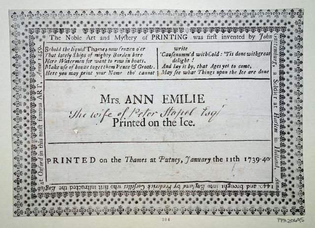 Image of a leaflet from the 1740 frost fair printed for Ann Emilie