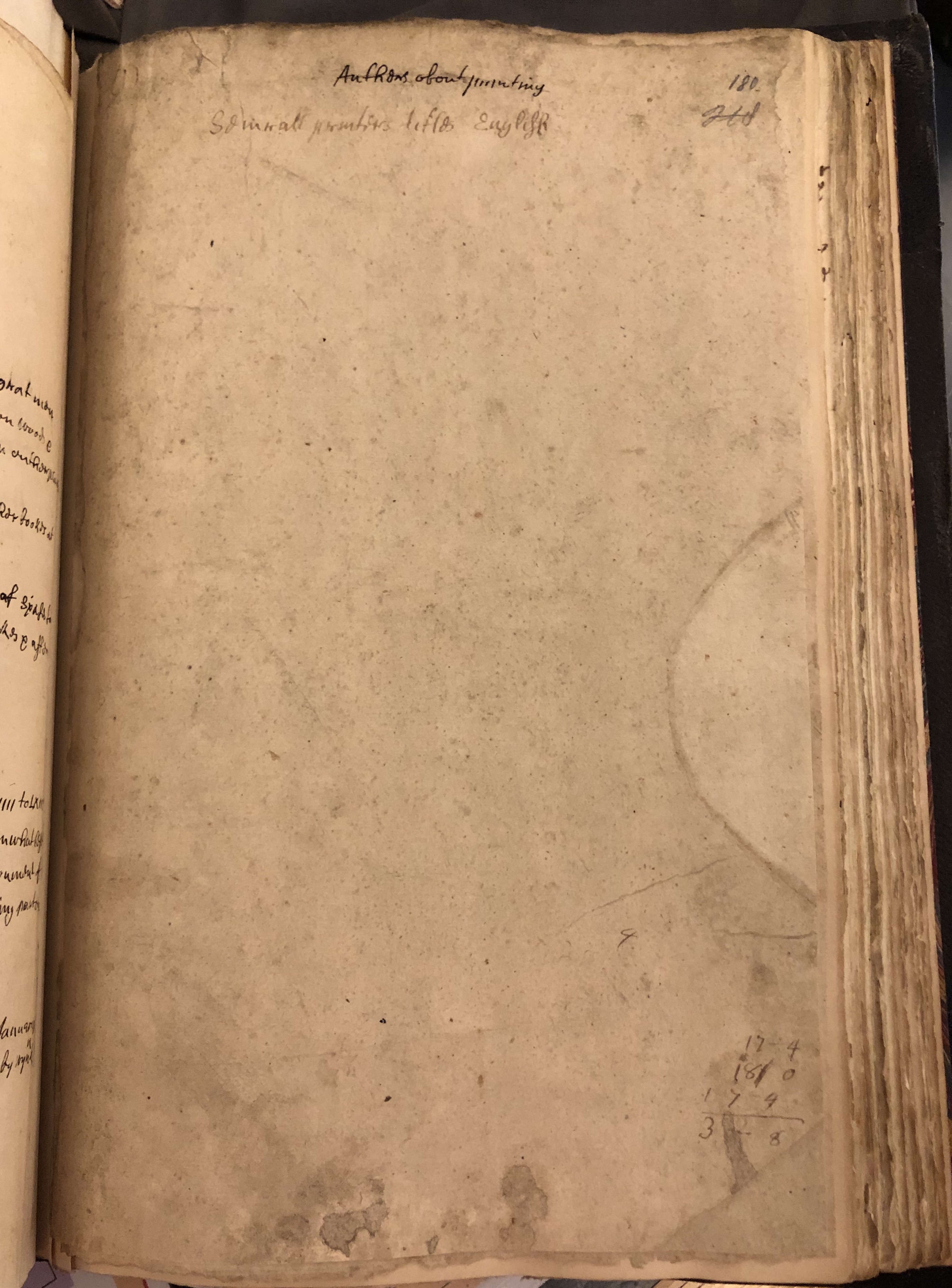 Photograph of a pasteboard cover bound in John Bagford's manuscript of notes