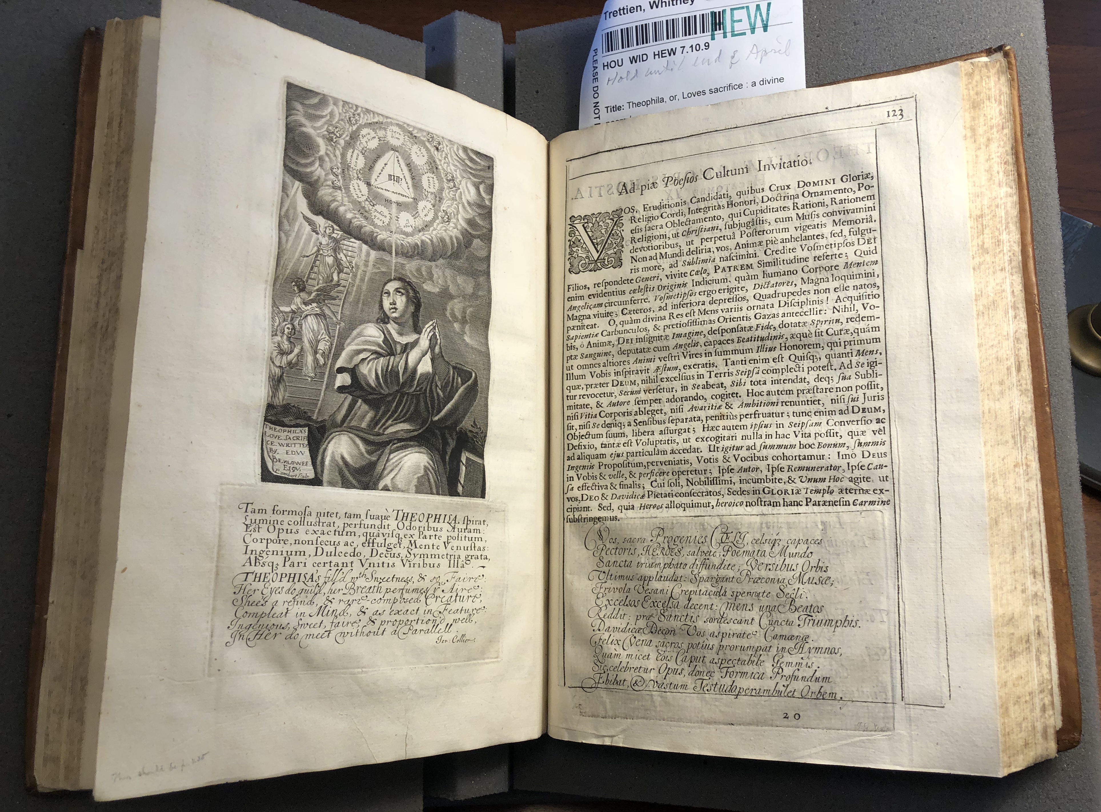 Photograph of a page opening showing plate of Theophila praying opposite leaf O2