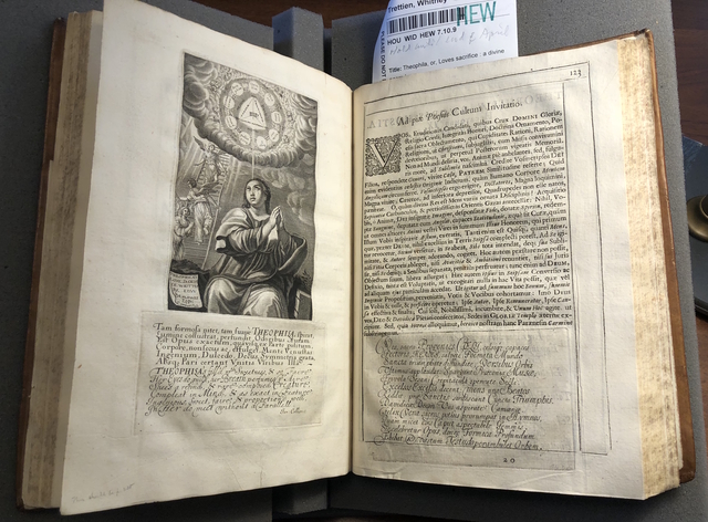 Photograph of a page opening showing plate of Theophila praying opposite leaf O2