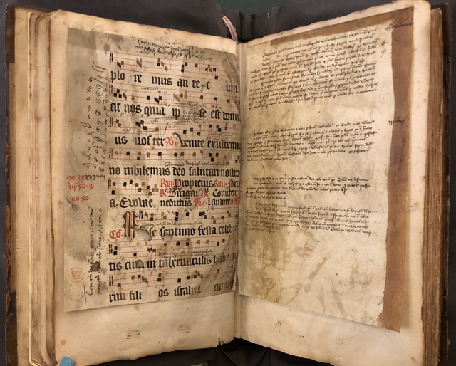 Photograph of medieval binding waste in one of John Bagford's albums of specimens