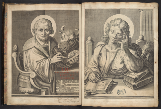 Photograph of a page opening in the King's Harmony showing Luke on the verso and John on the recto. 