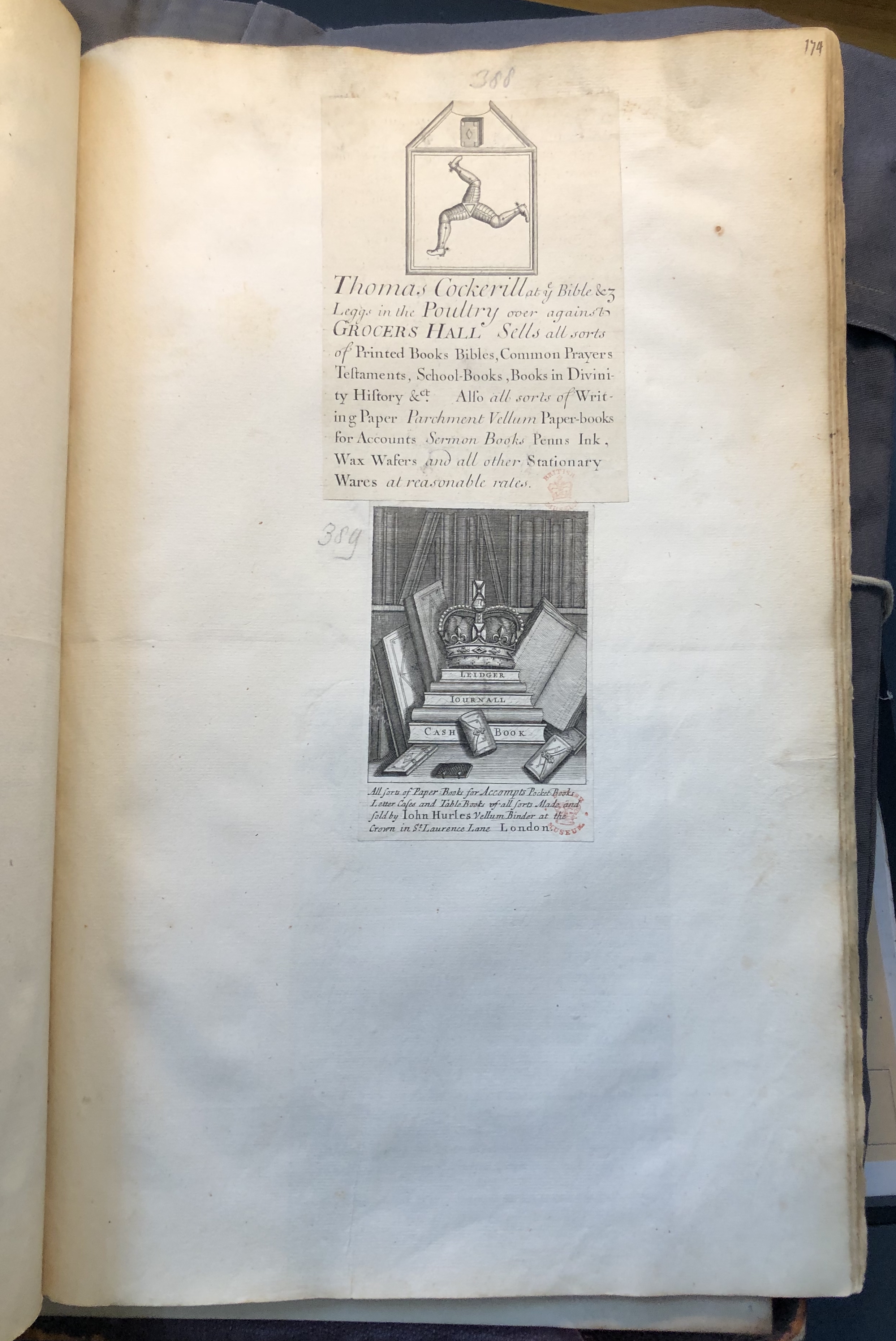 Photograph of advertisements for stationers pasted into an album assembled by John Bagford