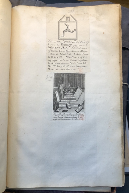 Photograph of advertisements for stationers pasted into an album assembled by John Bagford