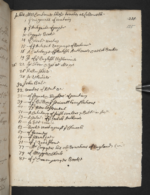 Photograph of a table of contents for a collection of notes, written in John Bagford's hand.