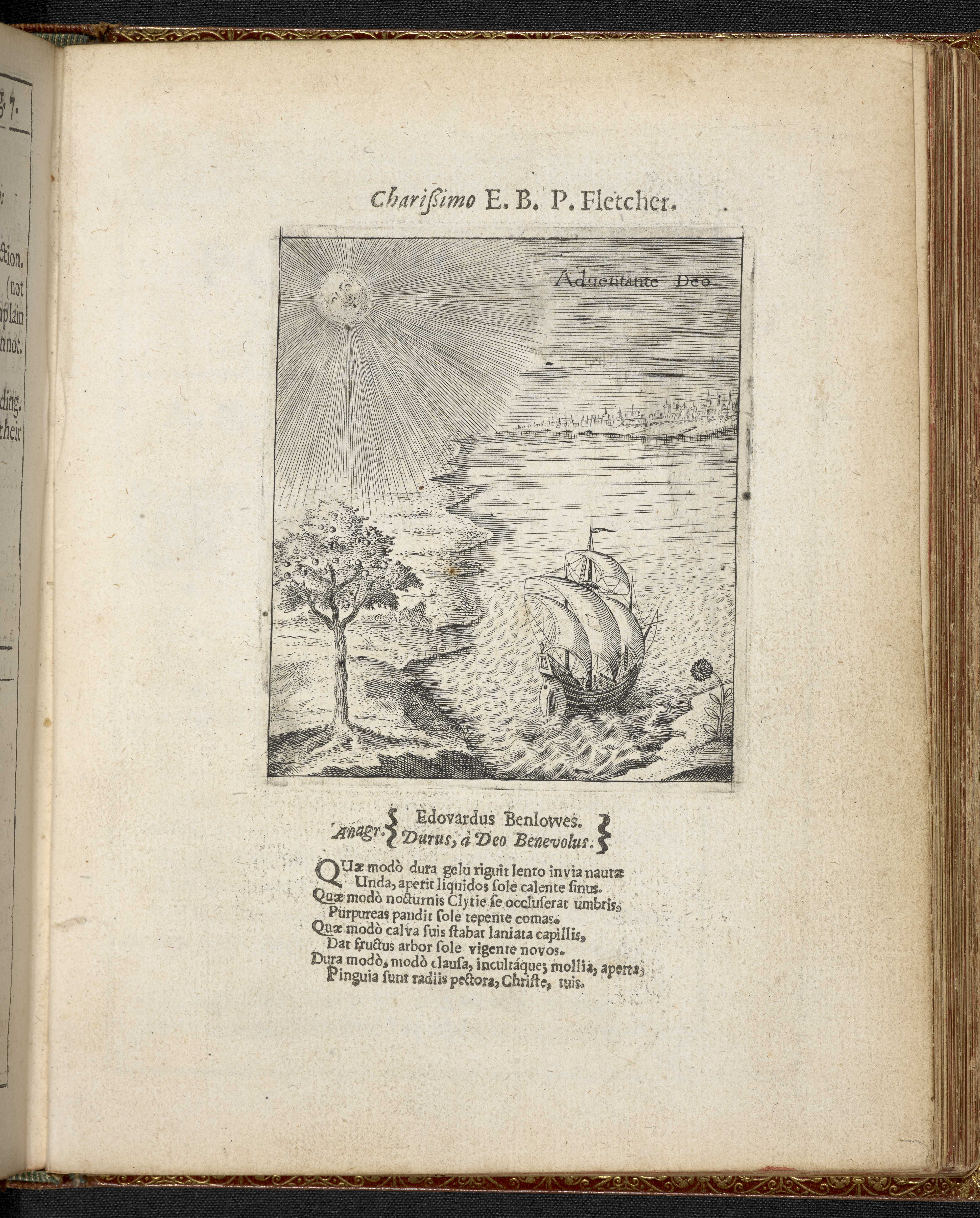 Engraving of a ship sailing up a coastline toward a large sun under the phrase “Auentante Deo.”