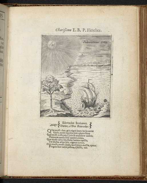 Engraving of a ship sailing up a coastline toward a large sun under the phrase “Auentante Deo.”