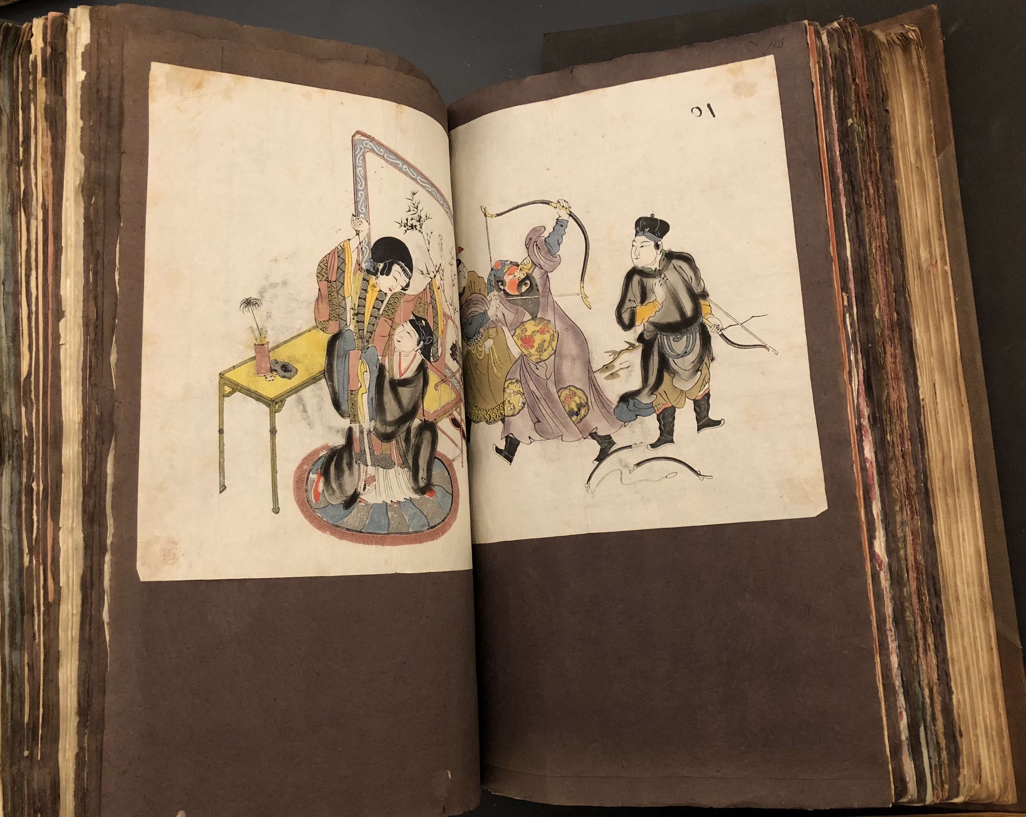 Photograph of an East Asian illustration pasted into a large volume of paper specimens