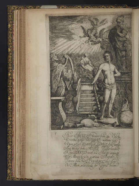 Photograph of etching for Canto 3, showing King David playing his harp while Theophila holds the tables of Moses and sings heavenward.