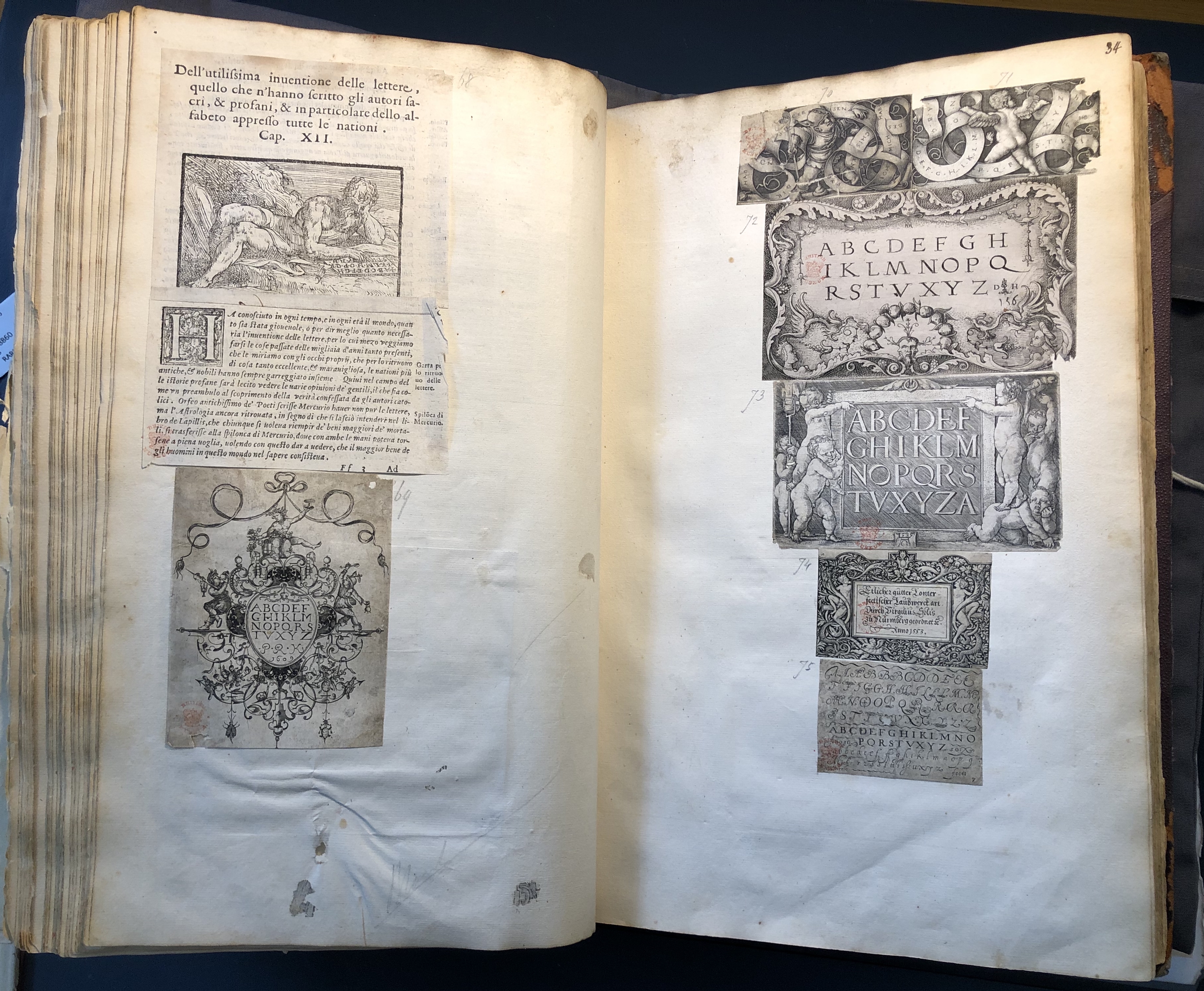 Photograph of alphabets pasted into an album assembled by John Bagford