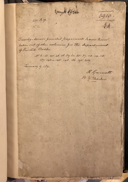 Photograph of the flyleaf in one of John Bagford's assembled albums of scraps showing layered shelfmarks