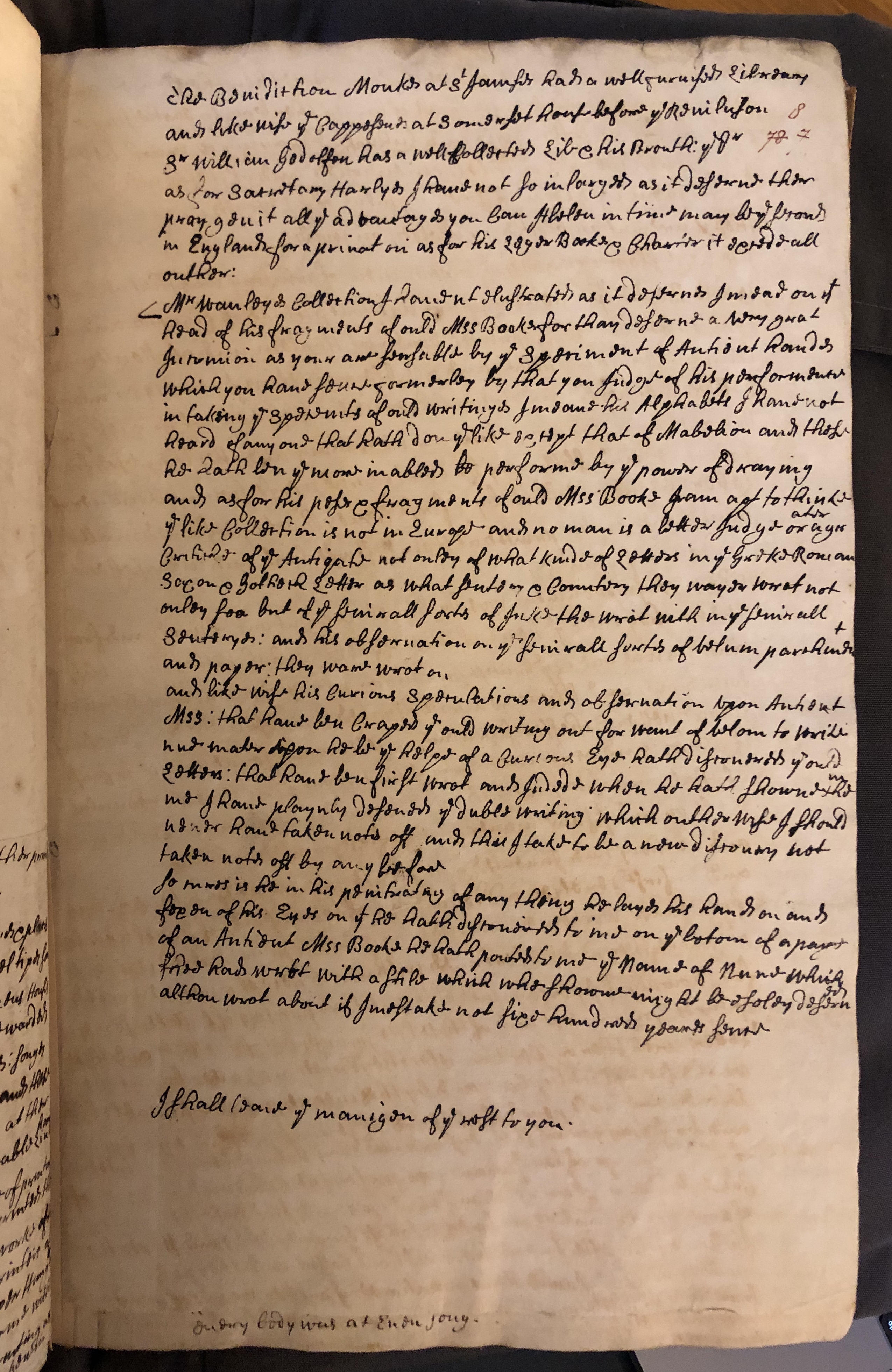 Photograph of a handwritten note describing Humphrey Wanley's methods