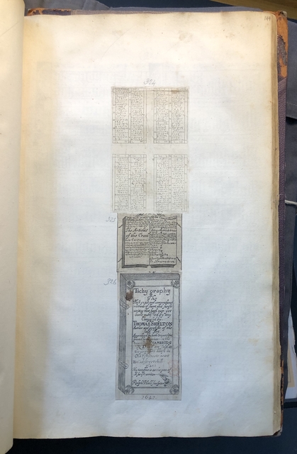 Photograph of shortwriting specimens pasted into an album assembled by John Bagford