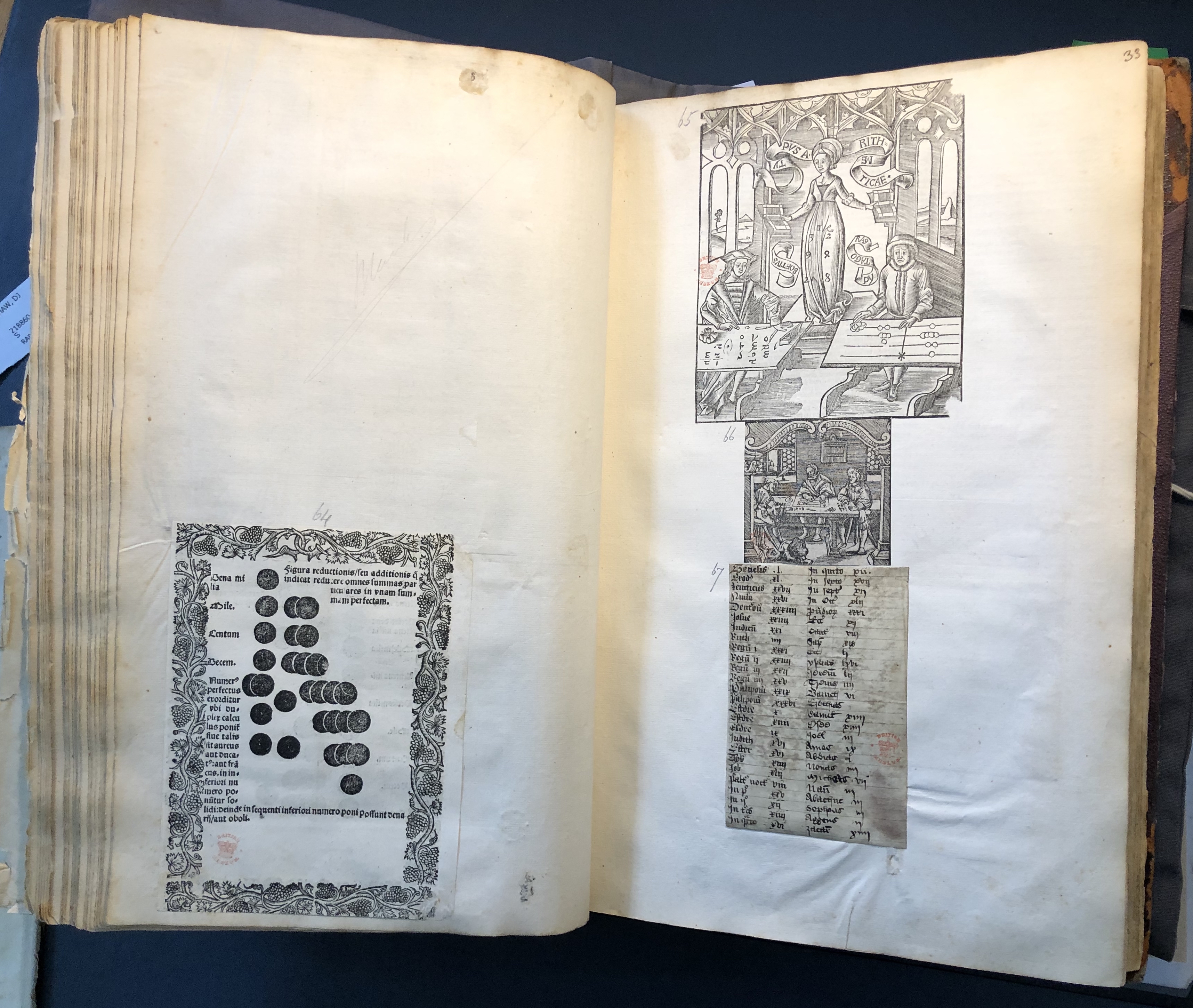 Photograph of scenes of calculating pasted into an album assembled by John Bagford