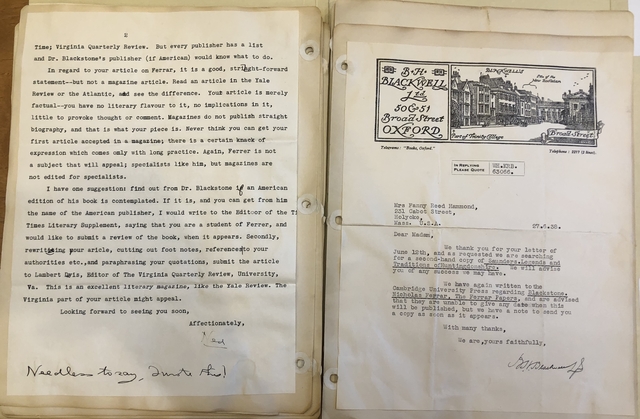 Photograph of letter to Fanny Reed Hammond from her brother, discouraging her from publishing