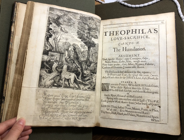 Photograph of a page opening in Benlowes’s gift copy of Theophila to St. John’s College Library.