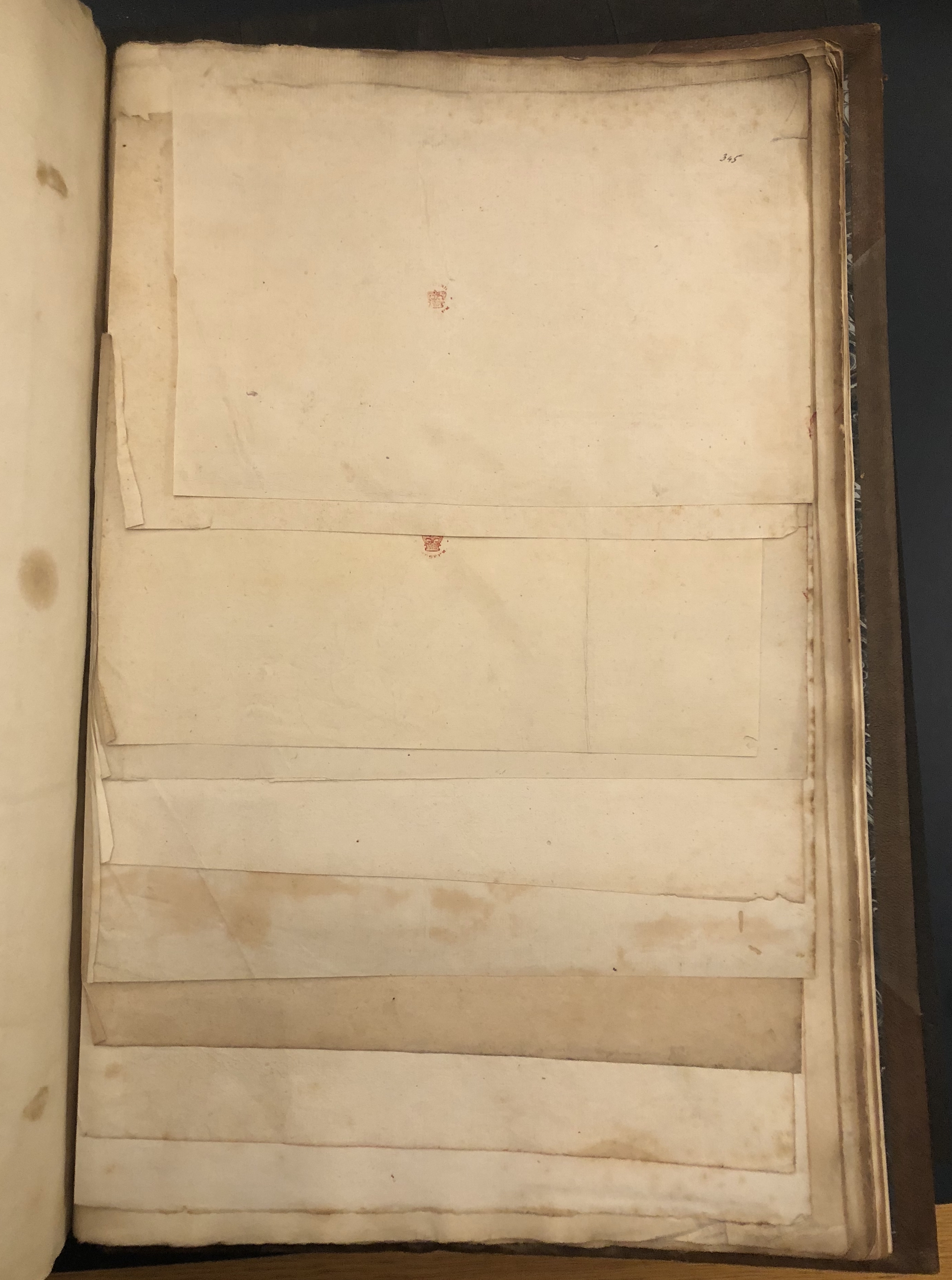 Photograph of white papers pasted into a large volume of paper specimens