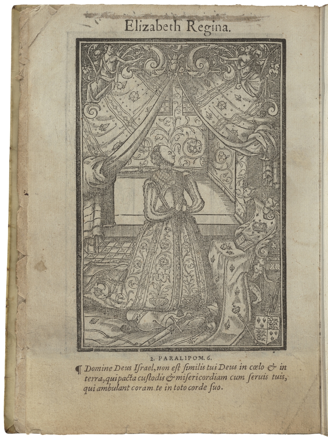 Woodcut of Queen Elizabeth at prayer in a private closet lined with tapestries.