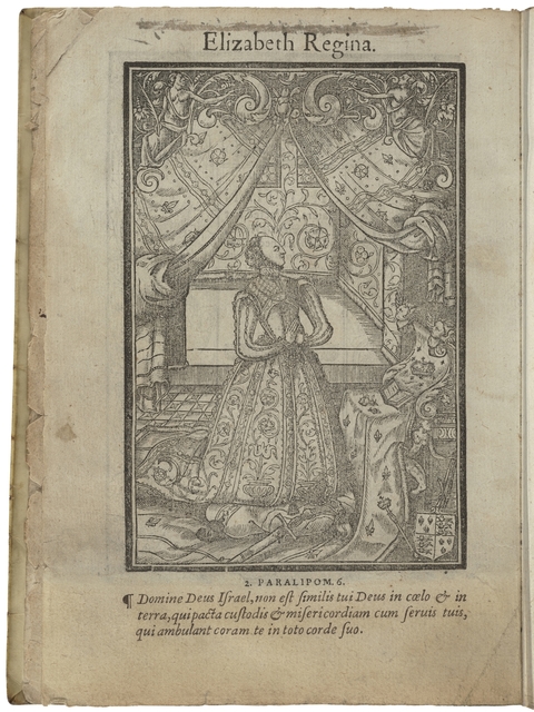 Woodcut of Queen Elizabeth at prayer in a private closet lined with tapestries.