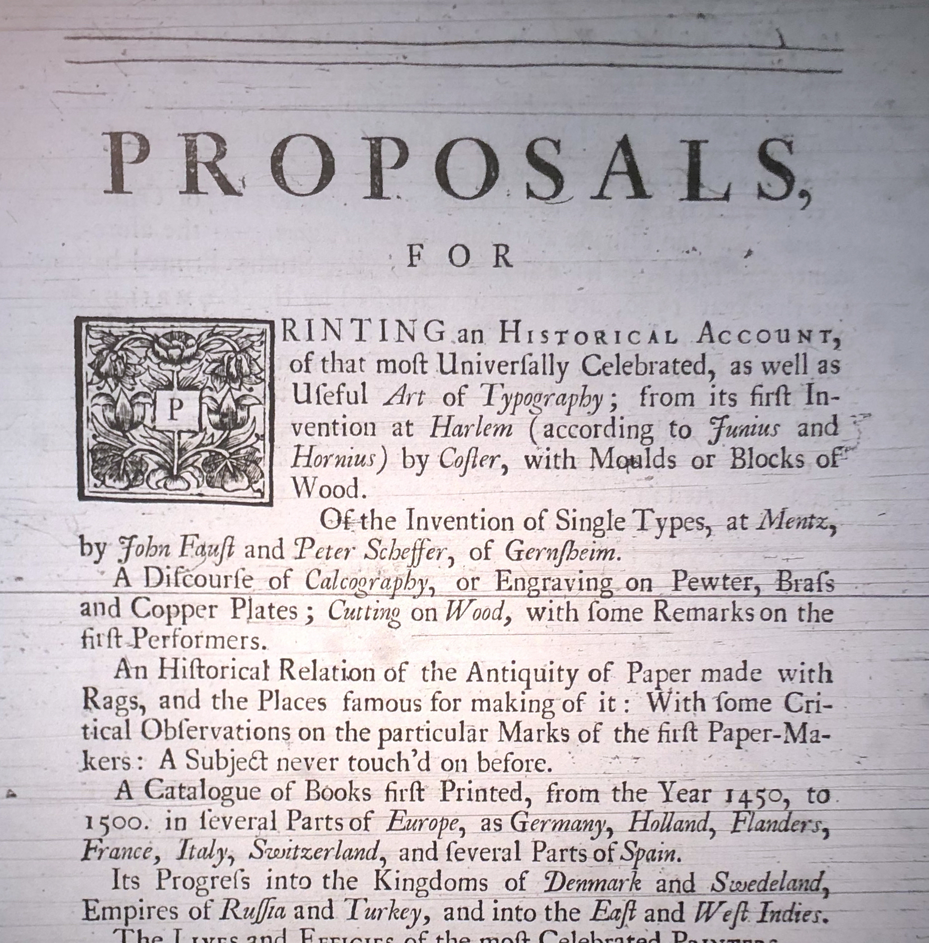 Photograph of a first draft of John Bagford's printed proposal