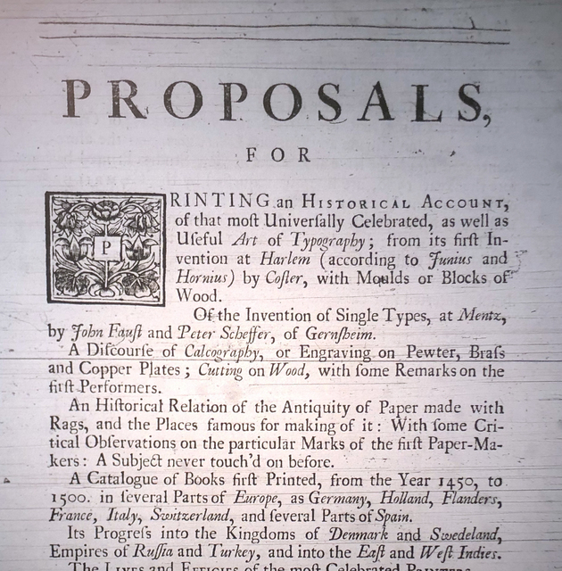 Photograph of a first draft of John Bagford's printed proposal