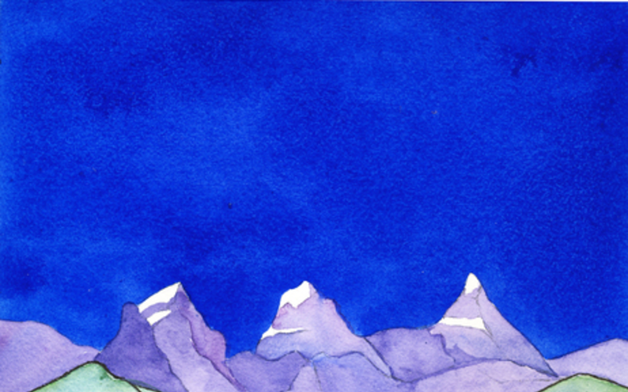 Watercolour of a blue sky, purple mountains, green hills, a forest area, and a sailboat on the water. The text describes the edition, the title, and the editors of the book.