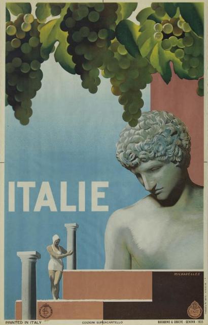 A color illustration with a large Roman sculpture, smaller Roman columns, and an even smaller woman in a white swimsuit and cap. The top is framed with bunches of grapes hanging down, and center left is the word "ITALY" in white.