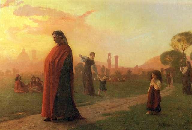 An oil painting of Dante standing in red robes on a dirt pathway. The sun is setting and there are children and people busy in the background