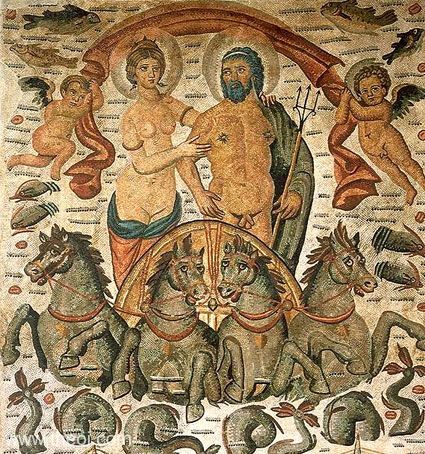 Poseidon (Roman Neptune) and Amphitrite travel the sea in a chariot drawn by four Hippocamps (fish-tailed horses).