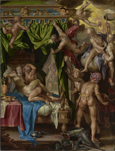 On this oil on copper painting, Ares and Aphrodite lay in shocked distress, as Cupid and Apollo lift the dark-emerald green canopy to expose the two adulterous lovers. The two lovers lie in bed, partially covered by a sapphire-blue blanket. On the right of the bed stands the Pantheon of Greek gods, laughing at the adulterous couple. Hephaestus, the scornful husband of Aphrodite, stands to the side, hammering away. The sky is dramatic, dark colored with yellow in the gaps between the stormy grey clouds.