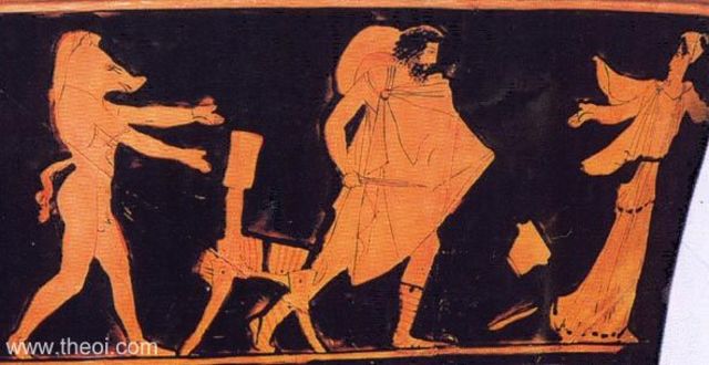 Pictured is the goddess Circe fleeing from her chair perused by Odysseus holding a sward. On the left side of the picture, one of Odysseus' men is shown half transformed from pig to human.  