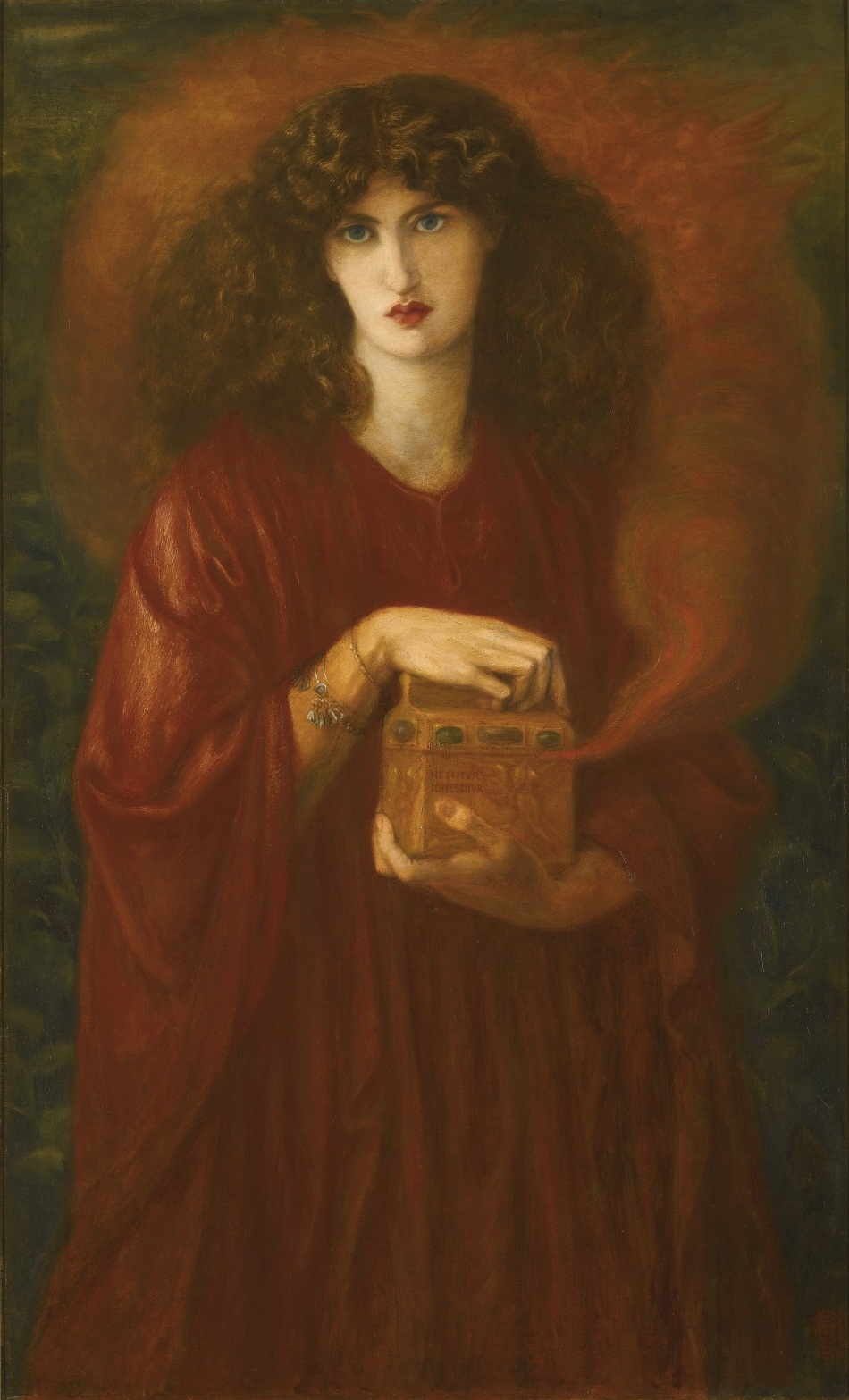  This is a painting by Dante Gabriel Rossetti titled Pandora (1871), depicting a striking woman with flowing auburn hair, dressed in a rich, deep red gown. She holds an ornate, glowing casket—or Pandora’s Box—close to her chest, with an intense, almost sorrowful expression. A dark, moody background enhances the sense of mystery and foreboding, while Rossetti’s signature style is evident in the rich colors, intricate details, and symbolic elements of items such as her inscripted box.