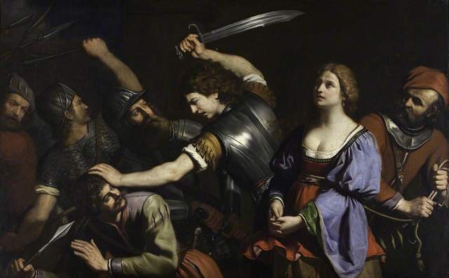 Beginning at the left of the painting, three armored men dressed in armor are in a dark corner. Coming to the middle, one unarmored man, Coroebus, is clutching a dagger and has been forced down and is about to be killed by an armored man above him. To the right of the painting, Cassandra of Troy has been captured and bound by another armored man to the right of her. Cassandra’s figure is the most vividly painted of the people in the painting and it makes a sharp contrast with the almost pitch black background of the painting. Her gown is red with green trim while her sleeves are blue. She looks up towards the heavens and her hands are clasped together. The clothing of all the people depicted appear to be wearing clothes from Renaissance Italy.